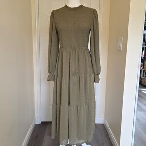 By The River Green Smocked Tiered Maxi Dress Women’s L Prairie Boho High Neck